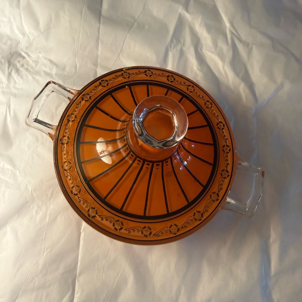 Vintage orange Glass Covered Dish with Decorative black Banding
